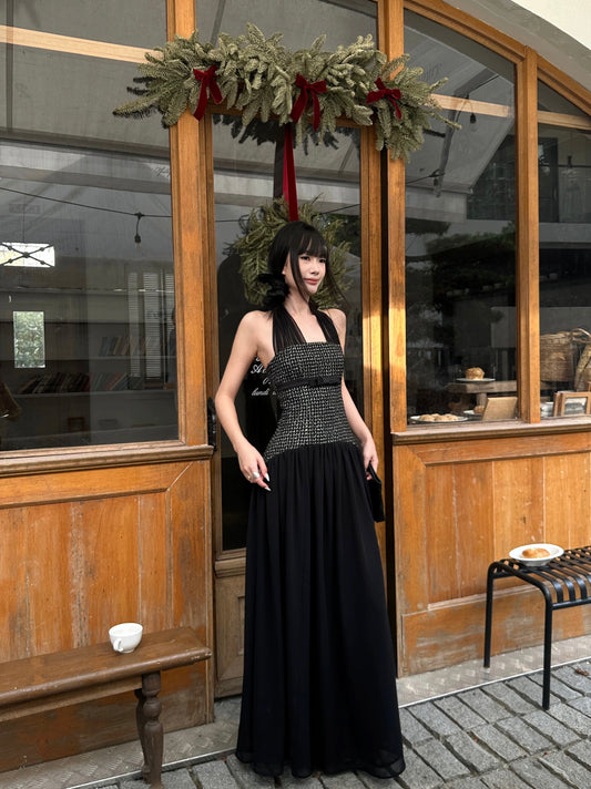 VENUIE French-style high-end halter neck dress, coming-of-age ceremony, annual party, birthday party, light evening dress, backless long dress