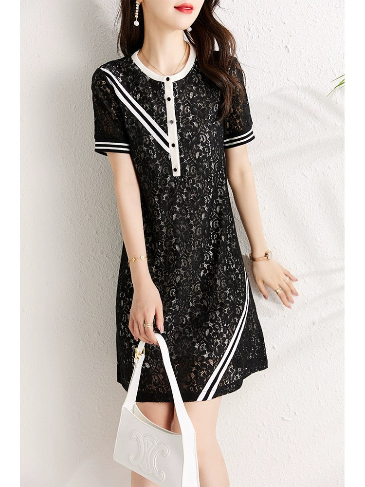 Hollow lace dress for women summer 2024 new style belly-covering slimming temperament slightly fat mm casual straight lace skirt