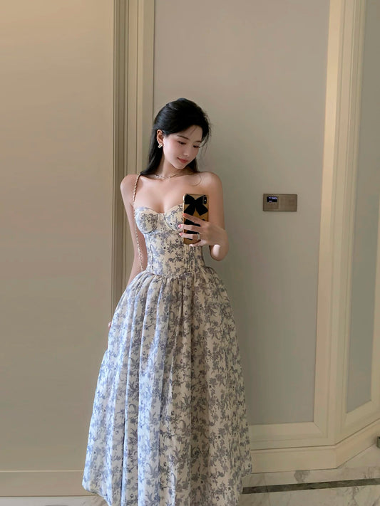 Middletone | Berlin Flower French floral tube top dress with herringbone waist and built-in bra pad