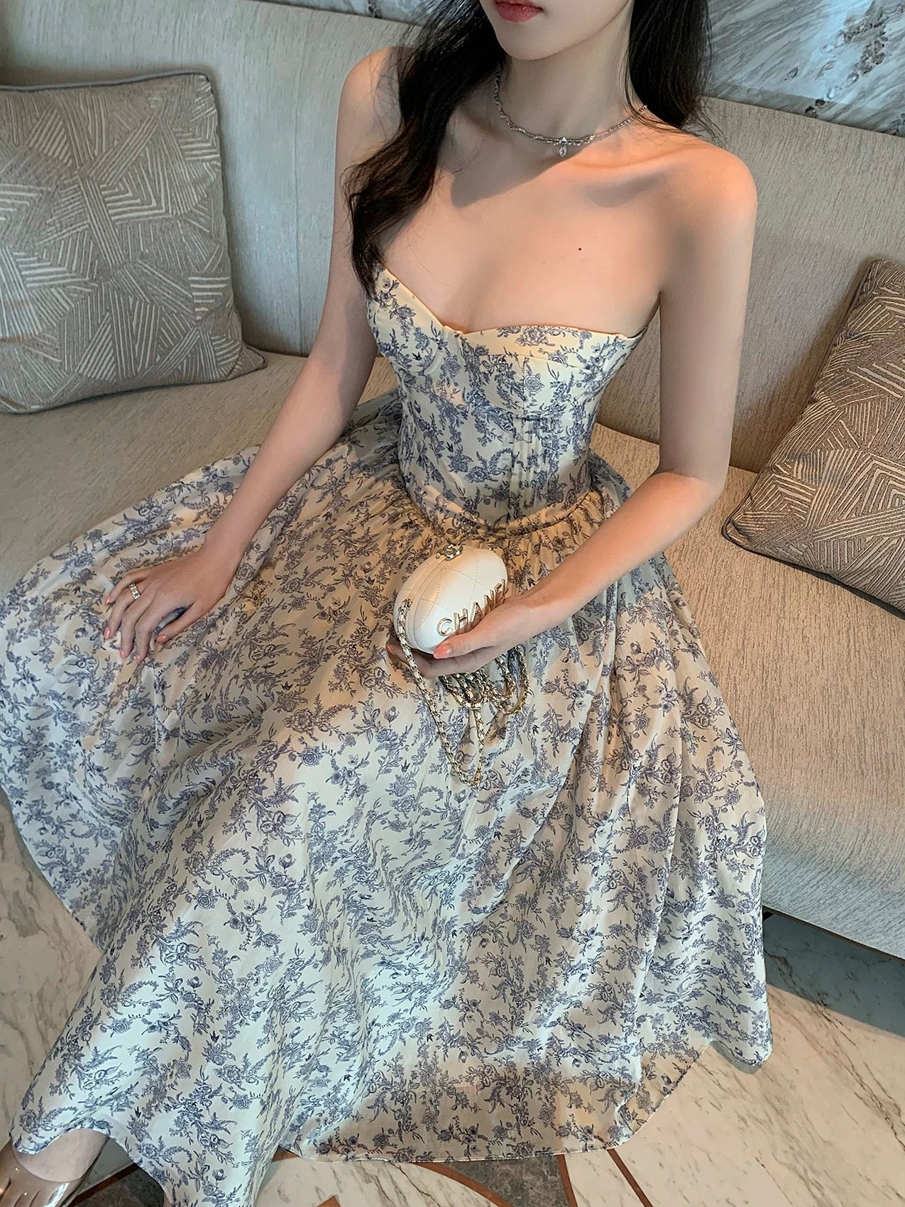 Middletone | Berlin Flower French floral tube top dress with herringbone waist and built-in bra pad