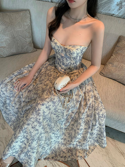 Middletone | Berlin Flower French floral tube top dress with herringbone waist and built-in bra pad