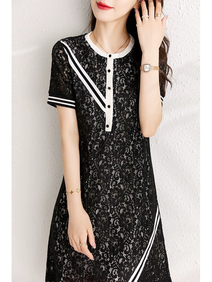 Hollow lace dress for women summer 2024 new style belly-covering slimming temperament slightly fat mm casual straight lace skirt
