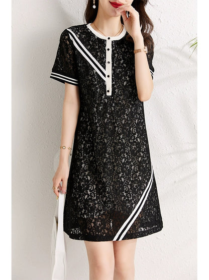 Hollow lace dress for women summer 2024 new style belly-covering slimming temperament slightly fat mm casual straight lace skirt