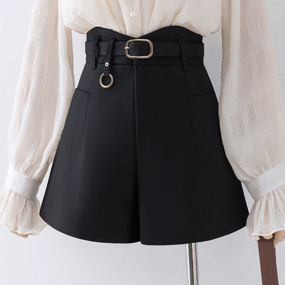 Brown high-waist slim wide-leg shorts for women autumn and winter 2023 new small casual pants bottoming outer boot pants