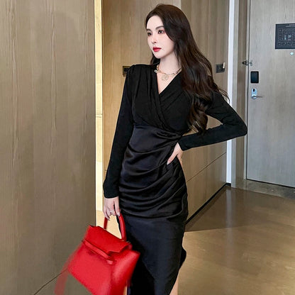 European station French satin dress, high-end pleated pink dress, elegant lady, autumn and winter fashionable waistline for women