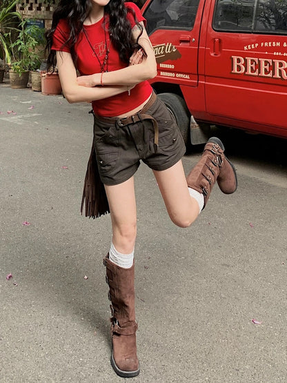 Chaochao's Gray-Green Button Shorts for Women, Summer Outerwear, American Spicy Style Denim Hot Pants, Slimming and Natural Waist