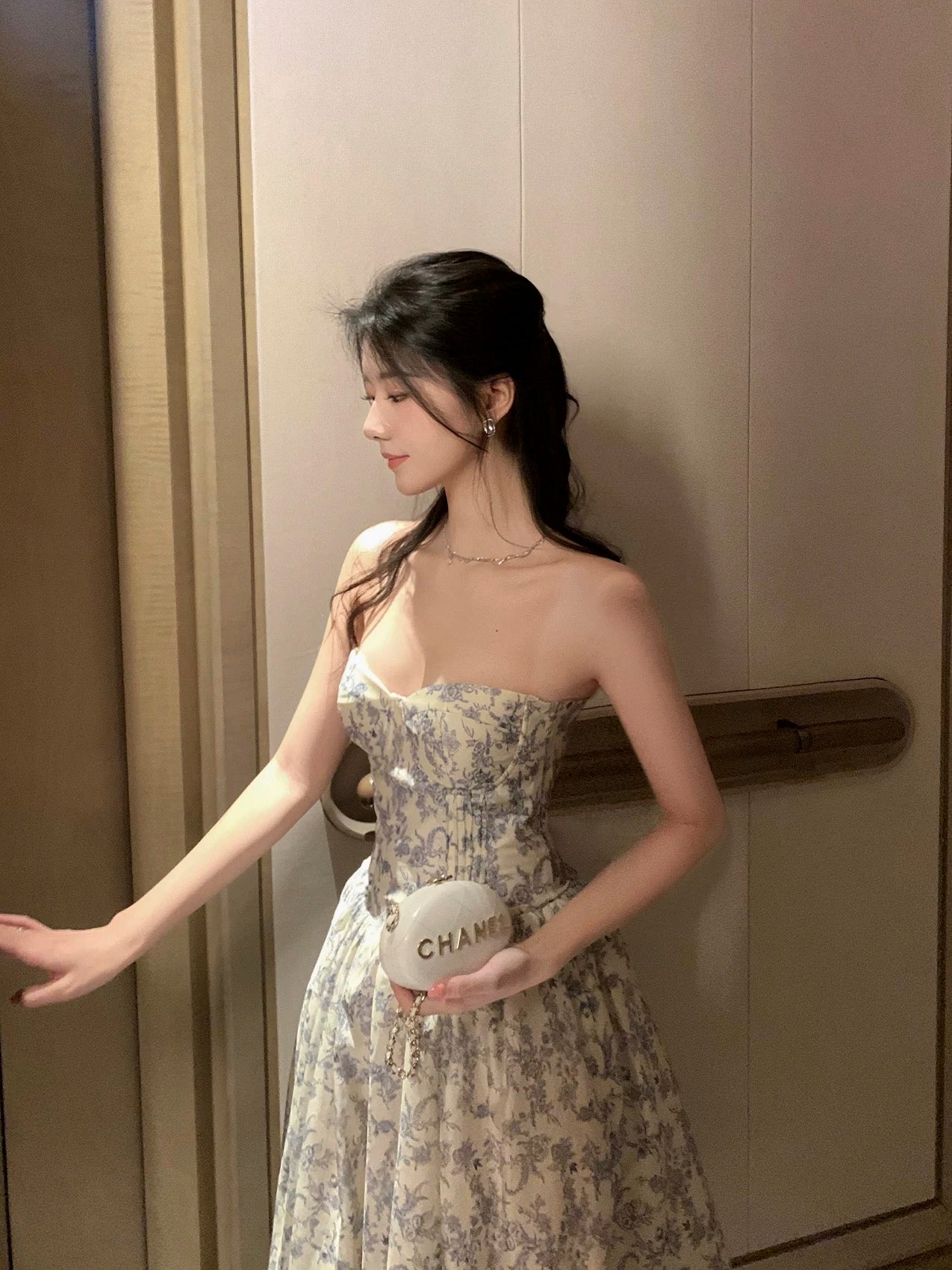 Middletone | Berlin Flower French floral tube top dress with herringbone waist and built-in bra pad