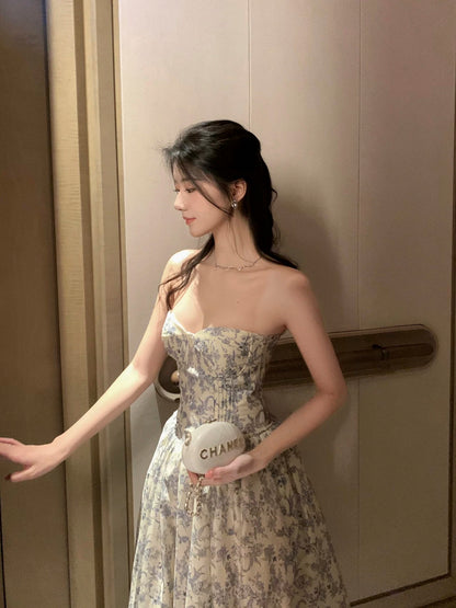 Middletone | Berlin Flower French floral tube top dress with herringbone waist and built-in bra pad