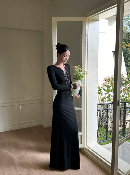 VENUIE Lyocell elegant black long bodycon dress, fitted hip-hugging skirt, sexy deep V-neck tie-up knit dress