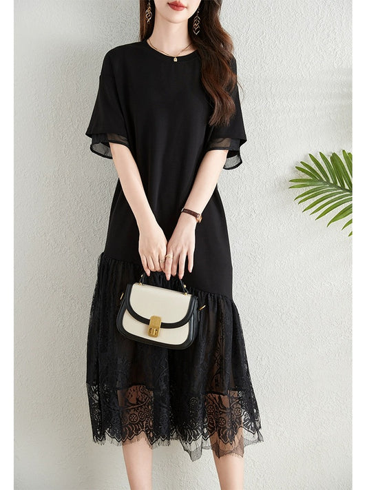 Hepburn style black lace splicing dress women's new summer large size fat mm loose belly-covering slim long skirt