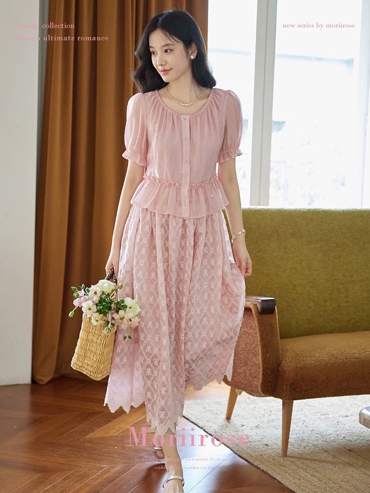 Moriirose pink round neck ruffled waist embroidered shirt + skirt suit women's summer two-piece suit