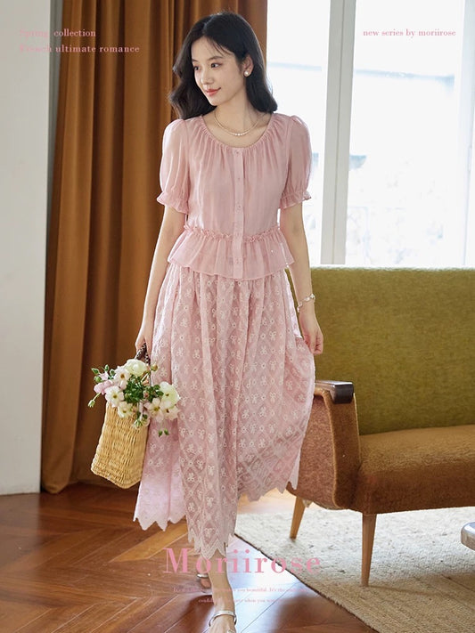 Moriirose pink round neck ruffled waist embroidered shirt + skirt suit women's summer two-piece suit