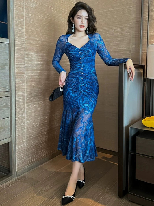 European station blue dress women's autumn and winter new women's high-end exquisite and advanced sense slim-fitting fishtail skirt