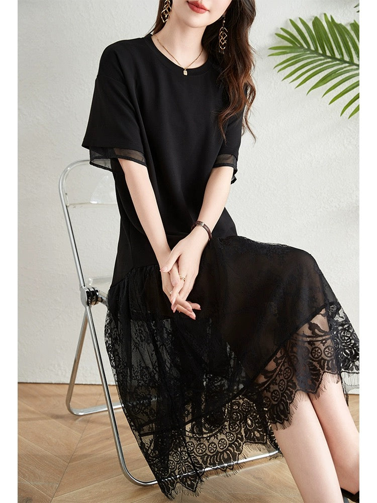 Hepburn style black lace splicing dress women's new summer large size fat mm loose belly-covering slim long skirt