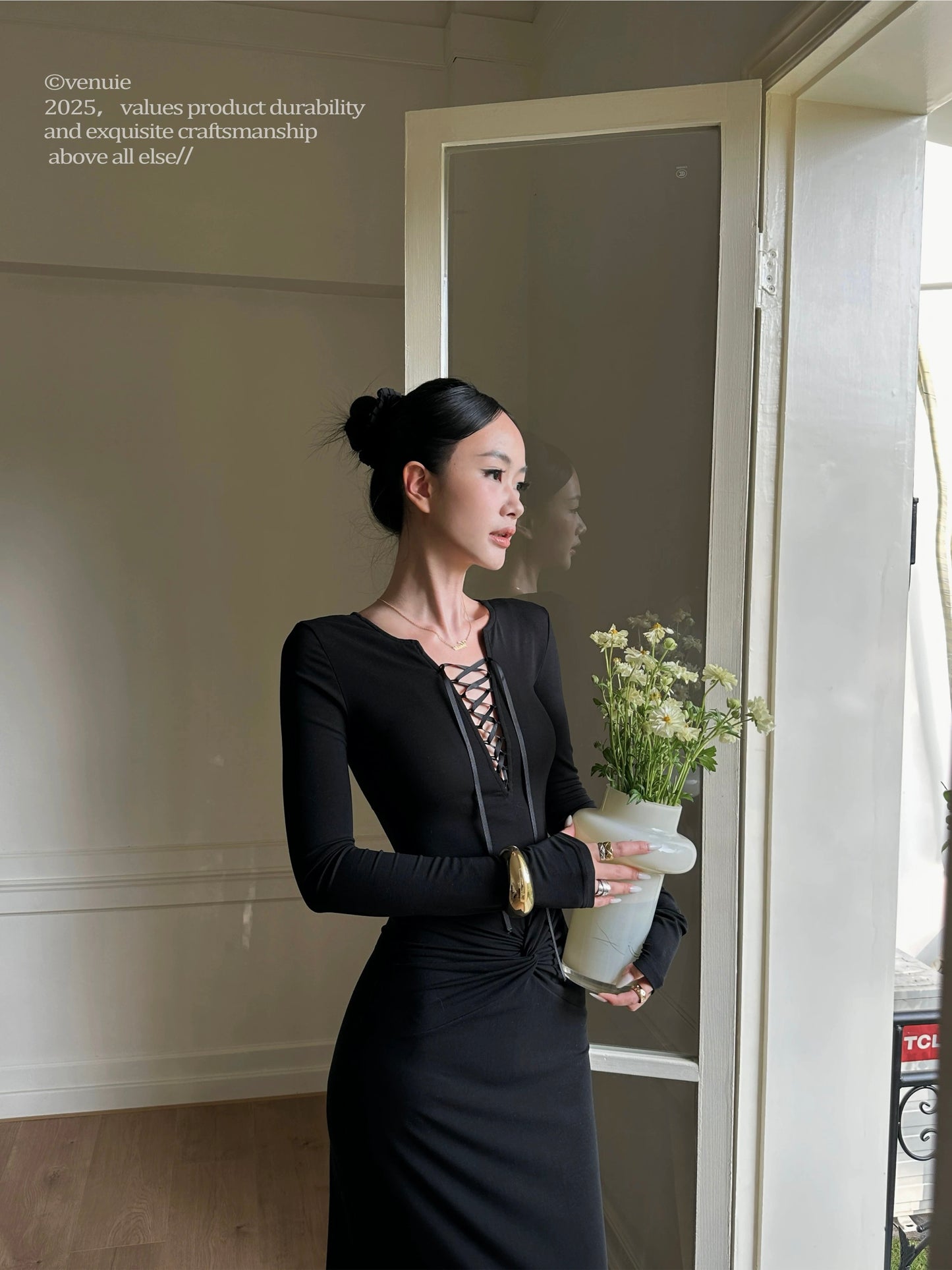 VENUIE Lyocell elegant black long bodycon dress, fitted hip-hugging skirt, sexy deep V-neck tie-up knit dress