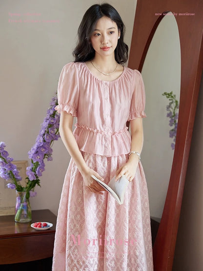 Moriirose pink round neck ruffled waist embroidered shirt + skirt suit women's summer two-piece suit