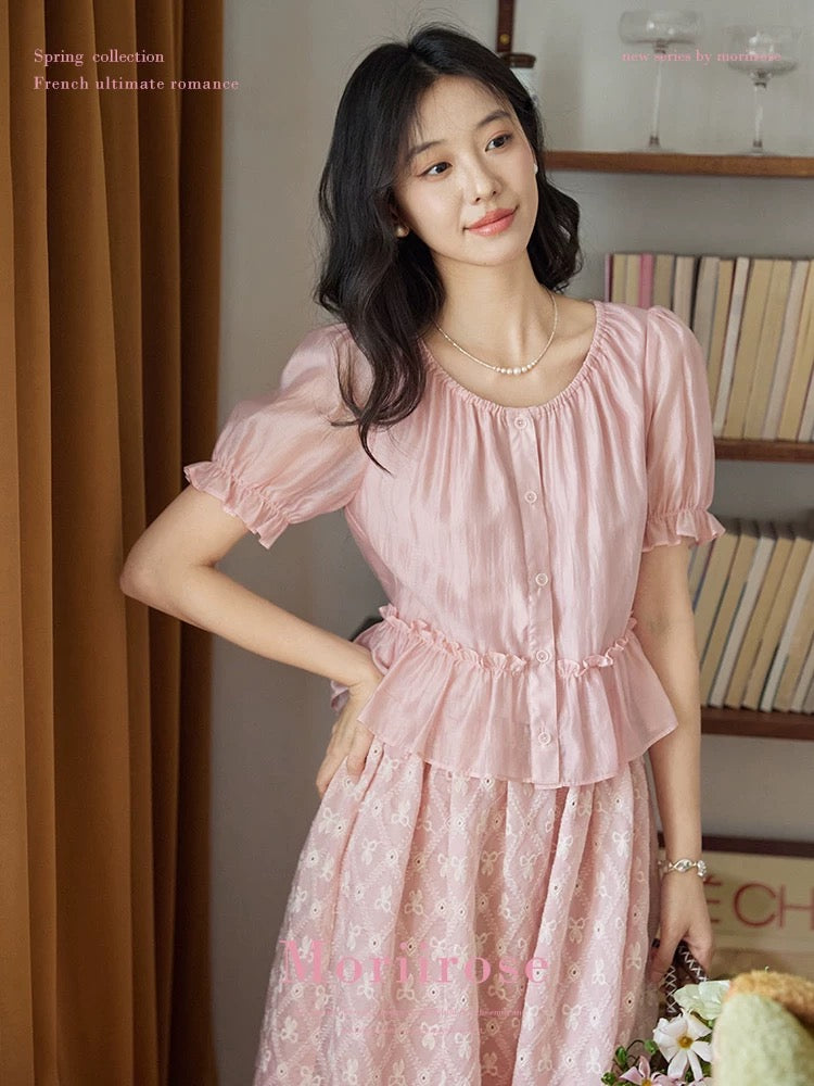 Moriirose pink round neck ruffled waist embroidered shirt + skirt suit women's summer two-piece suit
