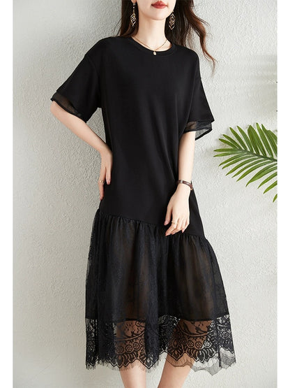 Hepburn style black lace splicing dress women's new summer large size fat mm loose belly-covering slim long skirt