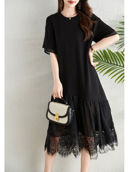 Hepburn style black lace splicing dress women's new summer large size fat mm loose belly-covering slim long skirt