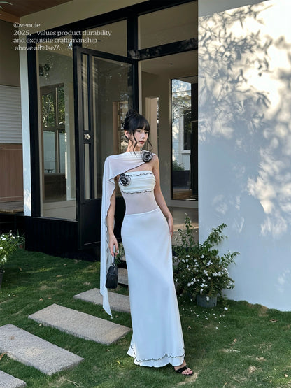 VENUIE Beach Vacation White Tulle Strapless Dress, High-End Long Dress with Slim Waist, Sexy and Elegant Style