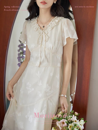 Moriirose beige wood ear edge jacquard double-layer dress female summer retro high waist slim mid-length skirt