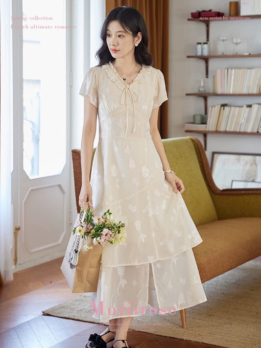 Moriirose beige wood ear edge jacquard double-layer dress female summer retro high waist slim mid-length skirt