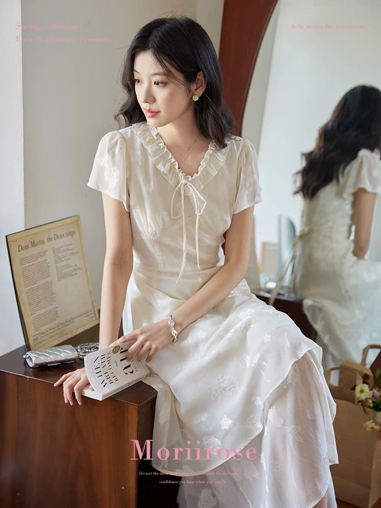 Moriirose beige wood ear edge jacquard double-layer dress female summer retro high waist slim mid-length skirt