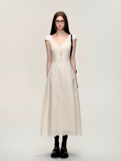 OAKMOO/ "Throbbing Time" cream white simple slim lace stitching dress female summer texture