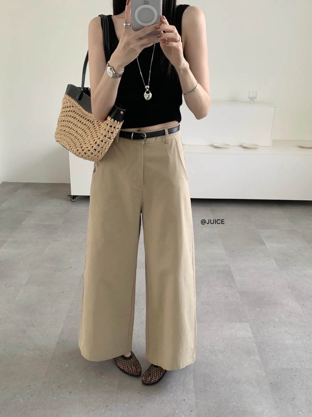 JUICE260080 White Women's Casual Pants with Belt, Summer 2026 New Style, Loose Straight Leg Wide-Leg Pants