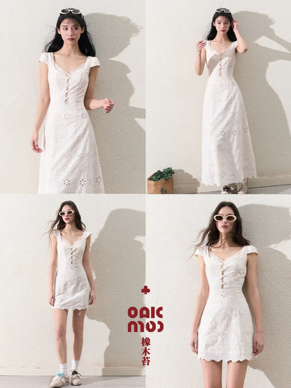 OAKMOO/ "Throbbing Time" cream white simple slim lace stitching dress female summer texture
