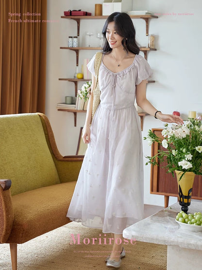 Moriirose lotus purple lace-up puff sleeve jacquard dress for women in summer retro waist slimming mid-length skirt