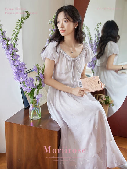 Moriirose lotus purple lace-up puff sleeve jacquard dress for women in summer retro waist slimming mid-length skirt