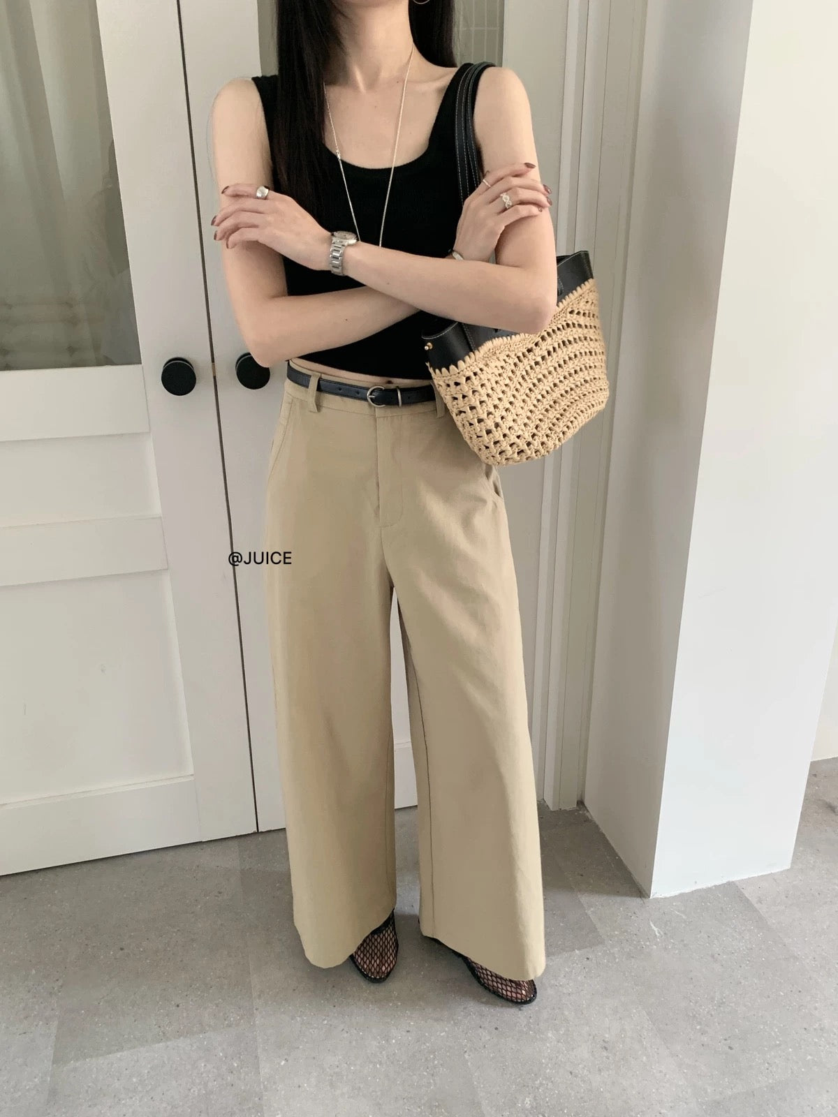 JUICE260080 White Women's Casual Pants with Belt, Summer 2026 New Style, Loose Straight Leg Wide-Leg Pants