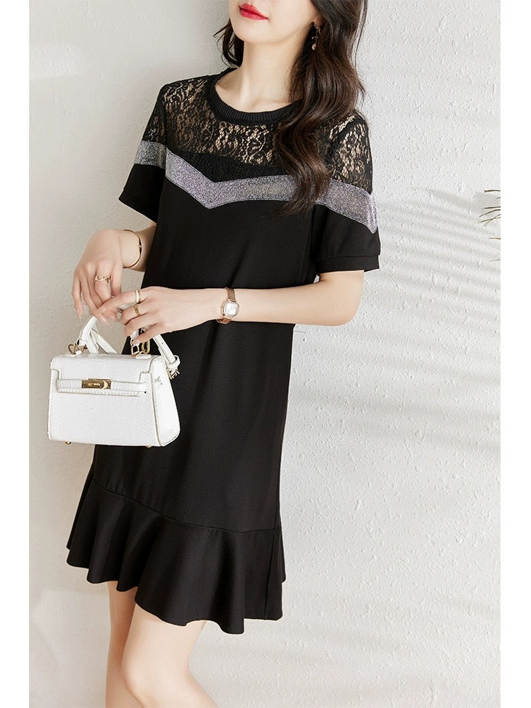 Summer wear 2024 new Korean style slimming fashion lace splicing dress women's casual temperament fishtail skirt