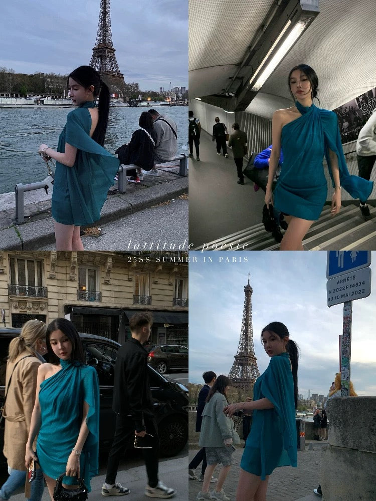 Lattitude/Yang Xiaolu Seine Wind Letter Streamer Blue Halter Neck Floating Sleeve Dress Design Off-shoulder Short Skirt
