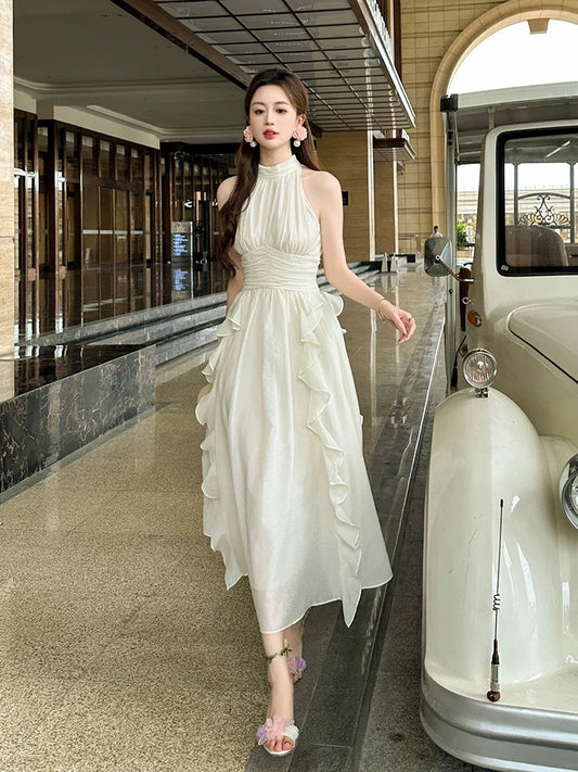 Off-shoulder sleeveless holiday style high-end light luxury dress summer waist slimming petite halterneck fairy princess dress
