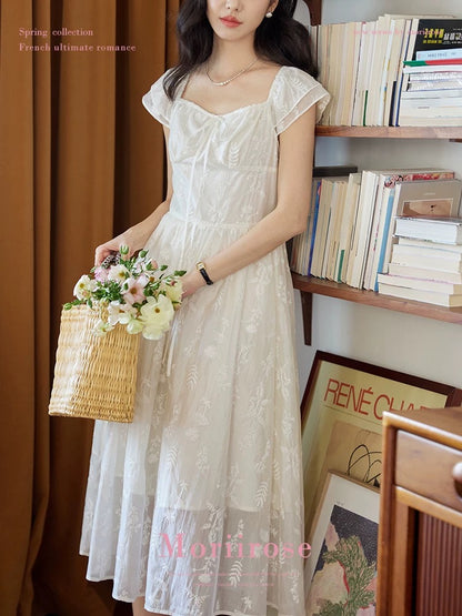 Moriirose white square neck small flying sleeve embroidered dress for women in summer retro high waist slim mid-length skirt
