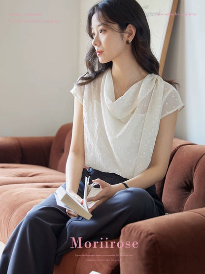 Moriirose white swing collar ribbon dot print Tencel shirt women's summer retro temperament pullover top