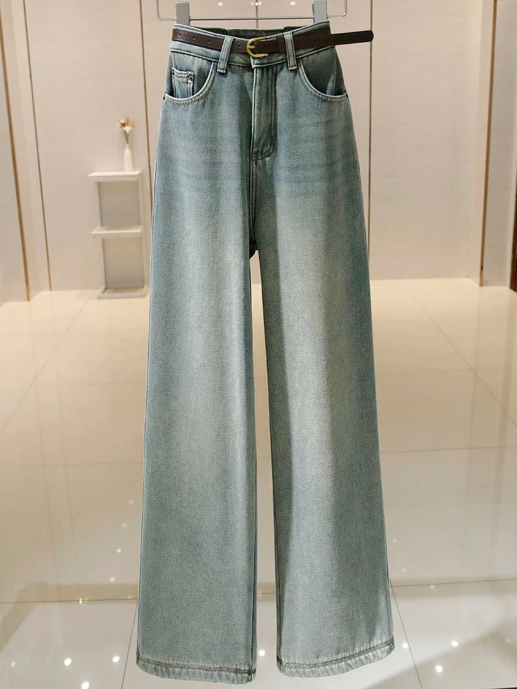 Light blue wide-leg jeans for women high-waisted 2024 spring and autumn new style retro loose slimming floor-length straight long pants