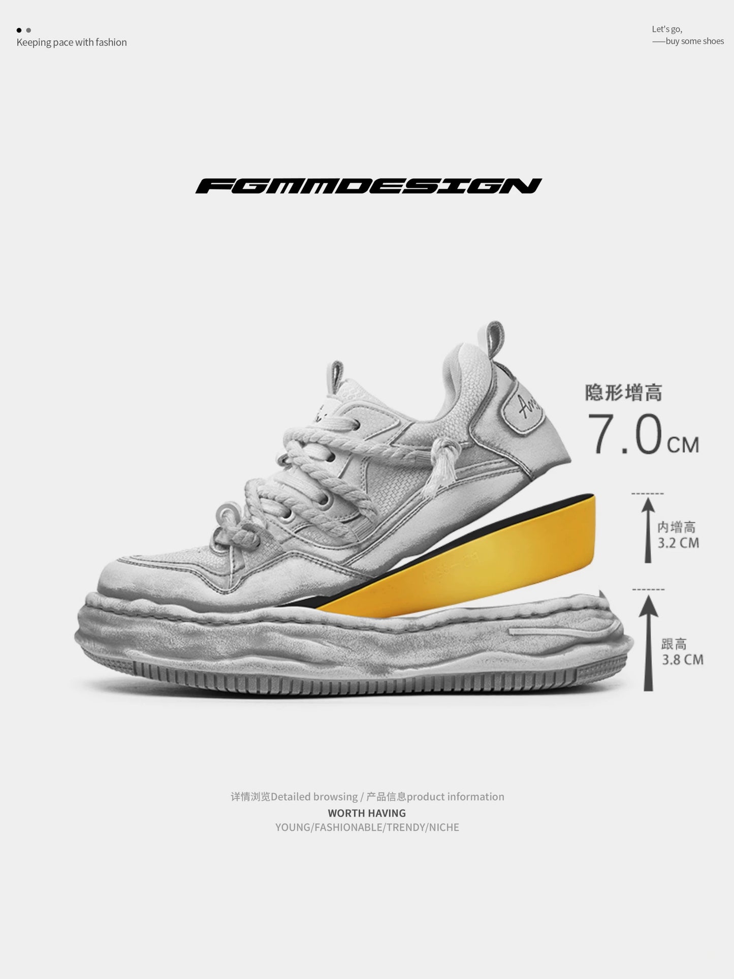 FGMM dissolving bottom invisible height increasing shoes 7CM men's and women's niche casual shoes original couple thick bottom bread shoes