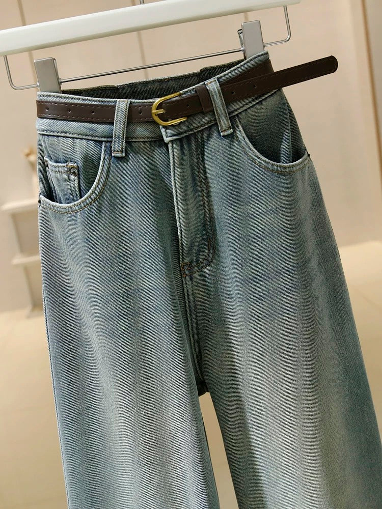 Light blue wide-leg jeans for women high-waisted 2024 spring and autumn new style retro loose slimming floor-length straight long pants