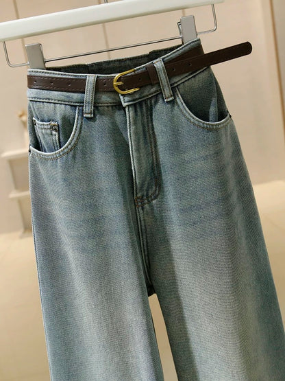 Light blue wide-leg jeans for women high-waisted 2024 spring and autumn new style retro loose slimming floor-length straight long pants
