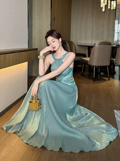 French Chic Halter Neck Sleeveless Dress Women's Unique Niche Seaside Vacation Fairy Sexy Backless Long Dress Summer