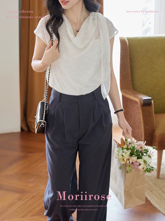 Moriirose white swing collar ribbon dot print Tencel shirt women's summer retro temperament pullover top