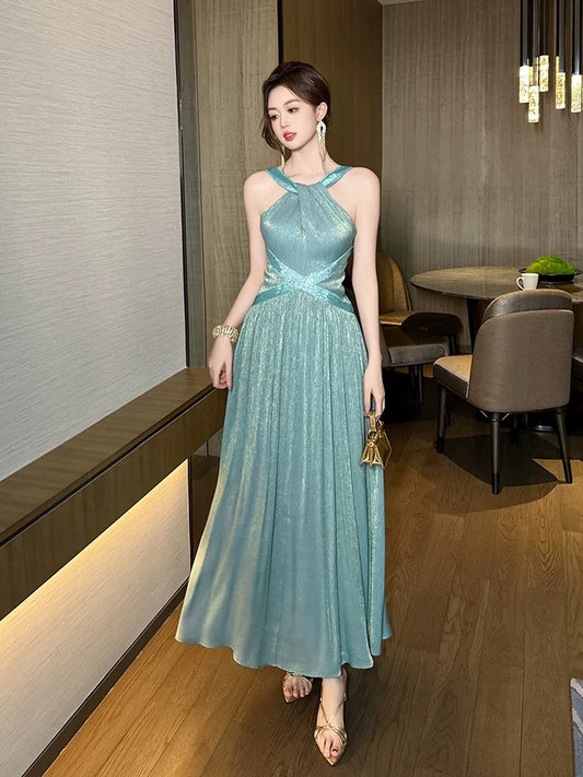 French Chic Halter Neck Sleeveless Dress Women's Unique Niche Seaside Vacation Fairy Sexy Backless Long Dress Summer