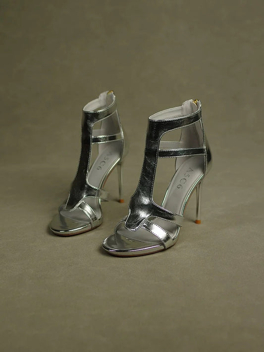 Silver hollow sandals for women summer 2024 new sexy internet celebrity super hot 10cm high heels stiletto heels elegant lady