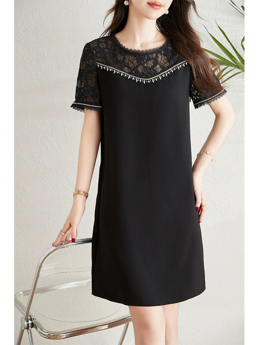 Lace splicing dress for women 2024 summer new French style small loose slim temperament commuter a-line skirt