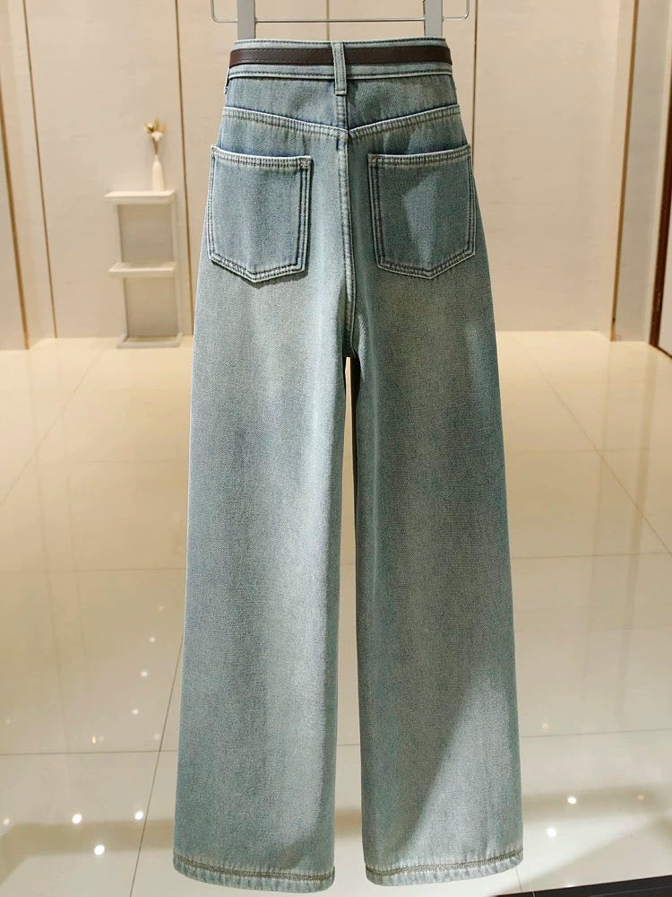 Light blue wide-leg jeans for women high-waisted 2024 spring and autumn new style retro loose slimming floor-length straight long pants