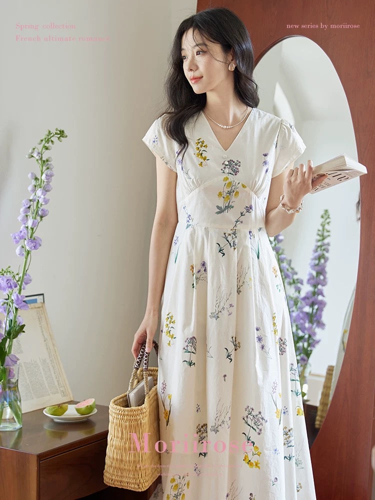 Moriirose double sleeve plant print dress women's summer retro high waist slim v-neck mid-length skirt