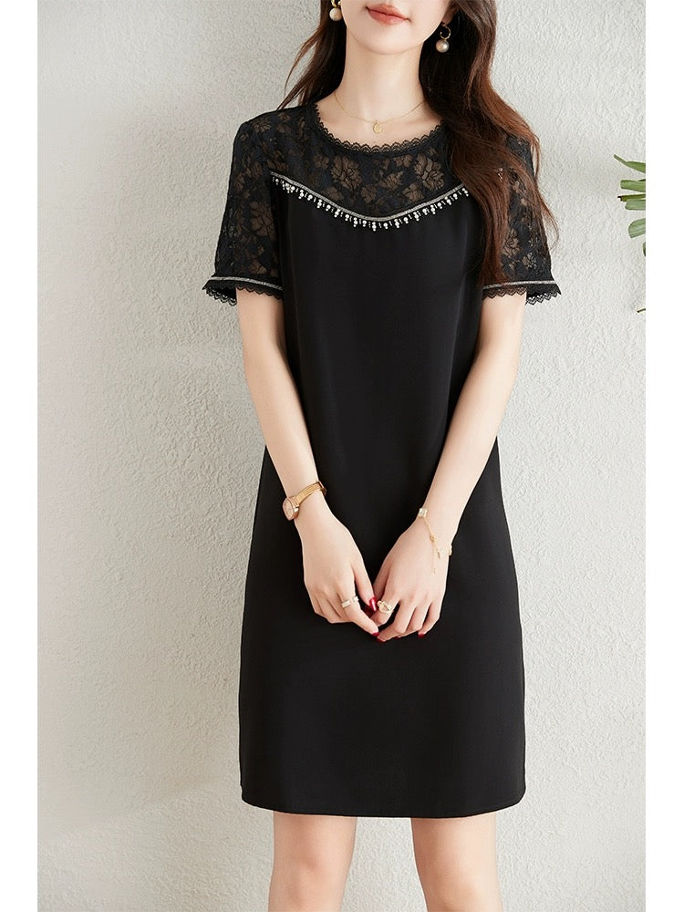 Lace splicing dress for women 2024 summer new French style small loose slim temperament commuter a-line skirt